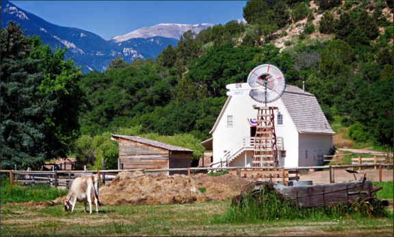 Large white barn, old fashioned windmill, cow grazing. 