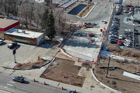 An aerial photo of the construction happening.