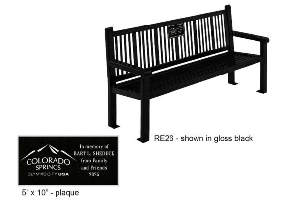 Example of a memorial bench and the plaque that can be inscribed.