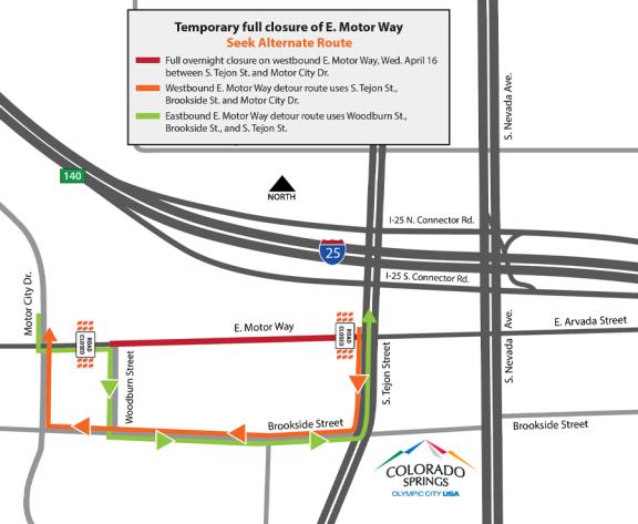 Detour map that details full overnight closure of Motor Way between Woodburn St. and S. Tejon St. on 4/16/25. Westbound traffic uses S. Tejon St., Brookside St., and Motor City Dr. Eastbound detour uses Woodburn St., Brookside St., and S. Tejon St.