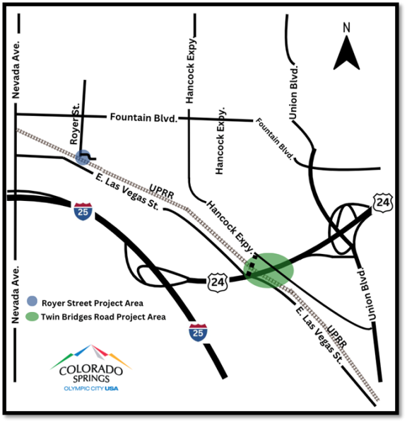 Pictured in the map are locations of construction work where the new Twin Bridges Road will be constructed with an at-grade crossing of the Union Pacific Railroad tracks connecting East Las Vegas Street to the Hancock Expressway. The map also shows the location of Royer Street where it will end as a cul-de-sac north of the Union Pacific Railroad tracks.