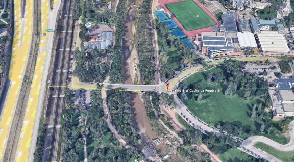 A map screenshot of the Cache La Poudre bridge over Monument Creek, connecting to Mesa Road.
