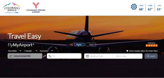 A screenshot of FlyCOS.com that shows the FlyMyAirport widget.