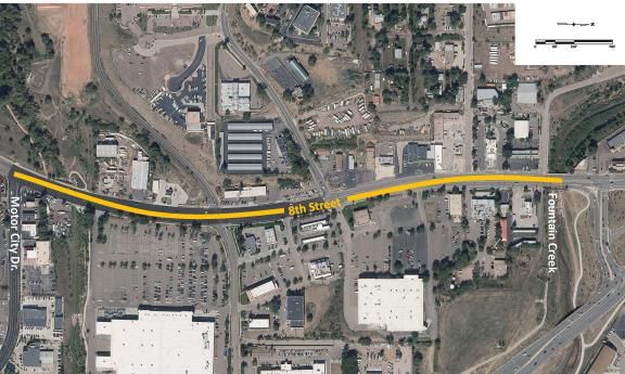 Map of 8th Street from Fountain Creek to Motor City Drive