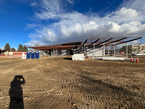 Senior Center exterior on a sunny day. The structure is completely up.