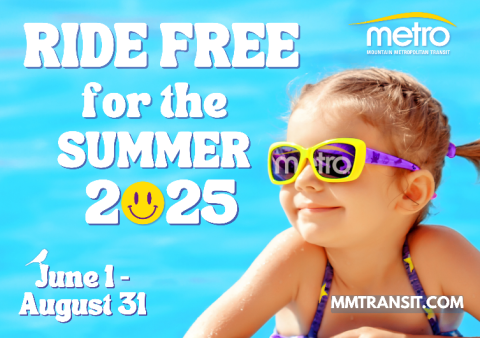 Graphic of a girl wearing sunglasses with the Mountain Metro logo reflected in the lenses. The graphic reads: Ride free for the Summer 2025. June 1-August 31.
