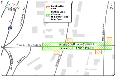 Garden of the Gods Median Project project map. Phase 1 will have eastbound lane closures with a minimum of one lane open. Phase 2 will have westbound lane closures with a minimum of one lane open. 