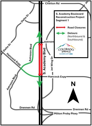 Detour map for S. Academy Blvd. Improvement Project. See copy at the top of the page for full details of detours and closures.