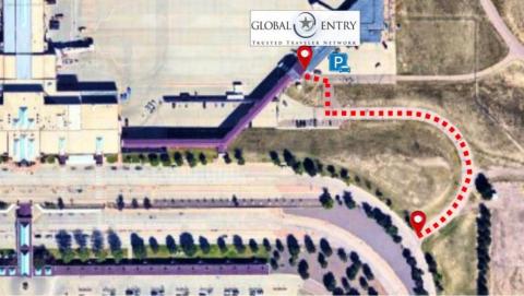 Satellite map of the Colorado Springs airport that denotes the road to take to get to the Global Entry Center.