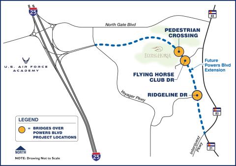 A map showing the planned extension of Powers Blvd to connect through to Interstate 25.