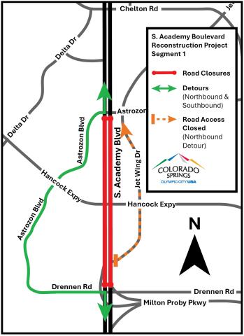 Detour map for S. Academy Blvd. Improvement Project. See copy at the top of the page for full details of detours and closures.