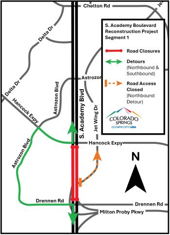 Detour map for S. Academy Blvd. Improvement Project. See copy at the top of the page for full details of detours and closures.