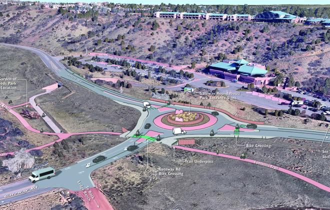 rendering of aerial view of Garden of the Gods park entrance off 30th street with new roundabout. 