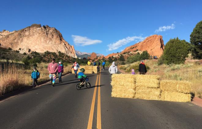Hay bales are placed in the road at Garden of the Gods for the last Motorless Morning event in the park.