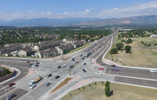 An aerial view of the intersection of Woodmen and Union with a new traffic configuration.