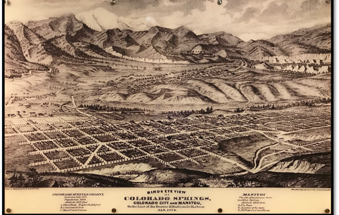 Historic drawing of a birds eye view of Colorado Springs and Manitou Springs, dated Jan. 1874