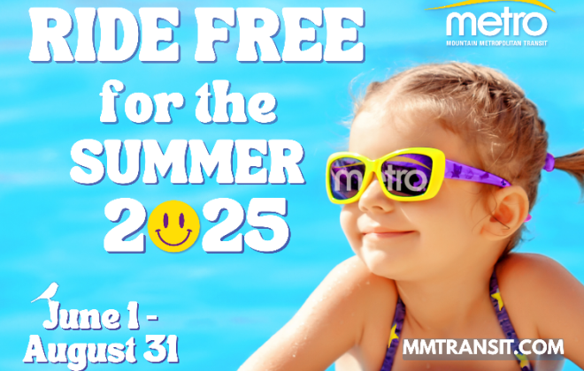 Graphic of a girl wearing sunglasses with the Mountain Metro logo reflected in the lenses. The graphic reads: Ride free for the Summer 2025. June 1-August 31.