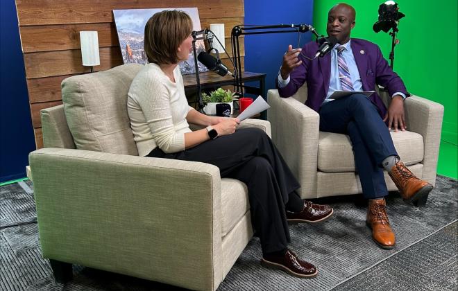 Jen Schreuder and Mayor Yemi on the set of Behind the Springs
