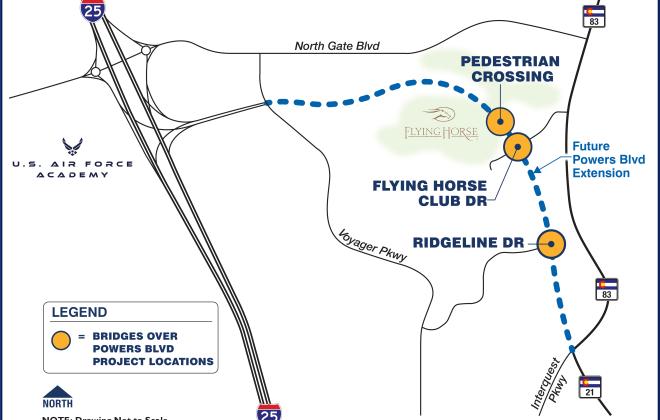 A map showing the planned extension of Powers Blvd to connect through to Interstate 25.