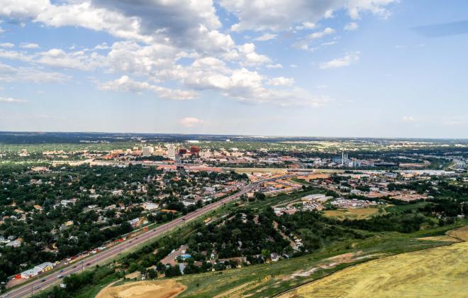 skyline of colorado springs looking toward the eastern plains