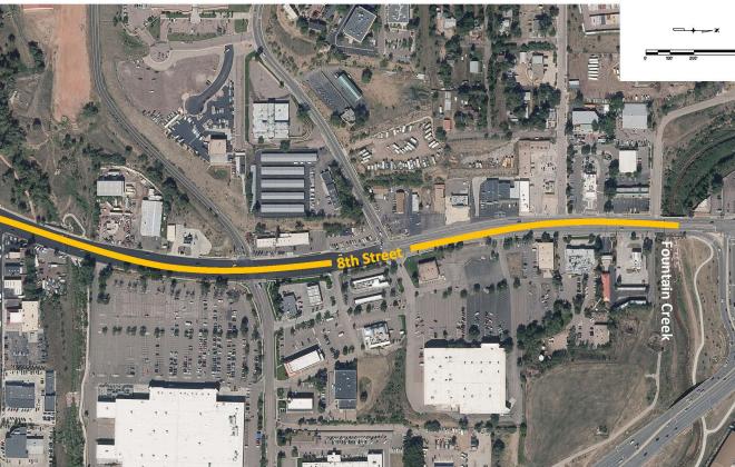 Map of 8th Street from Fountain Creek to Motor City Drive