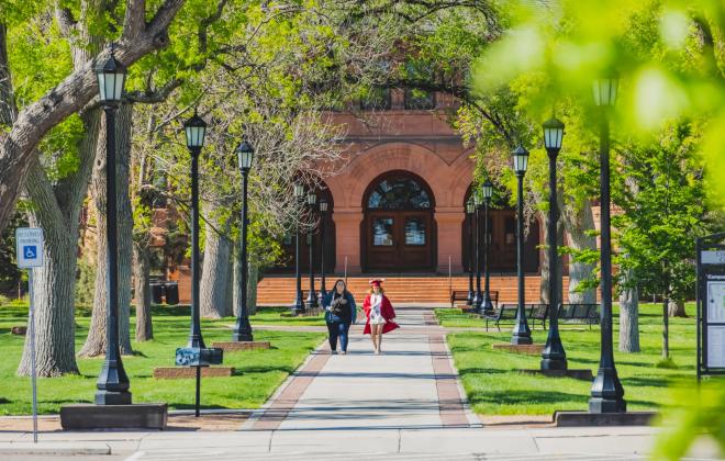 Person in graduation gown walks on tree lined sidewalk on Colorado College